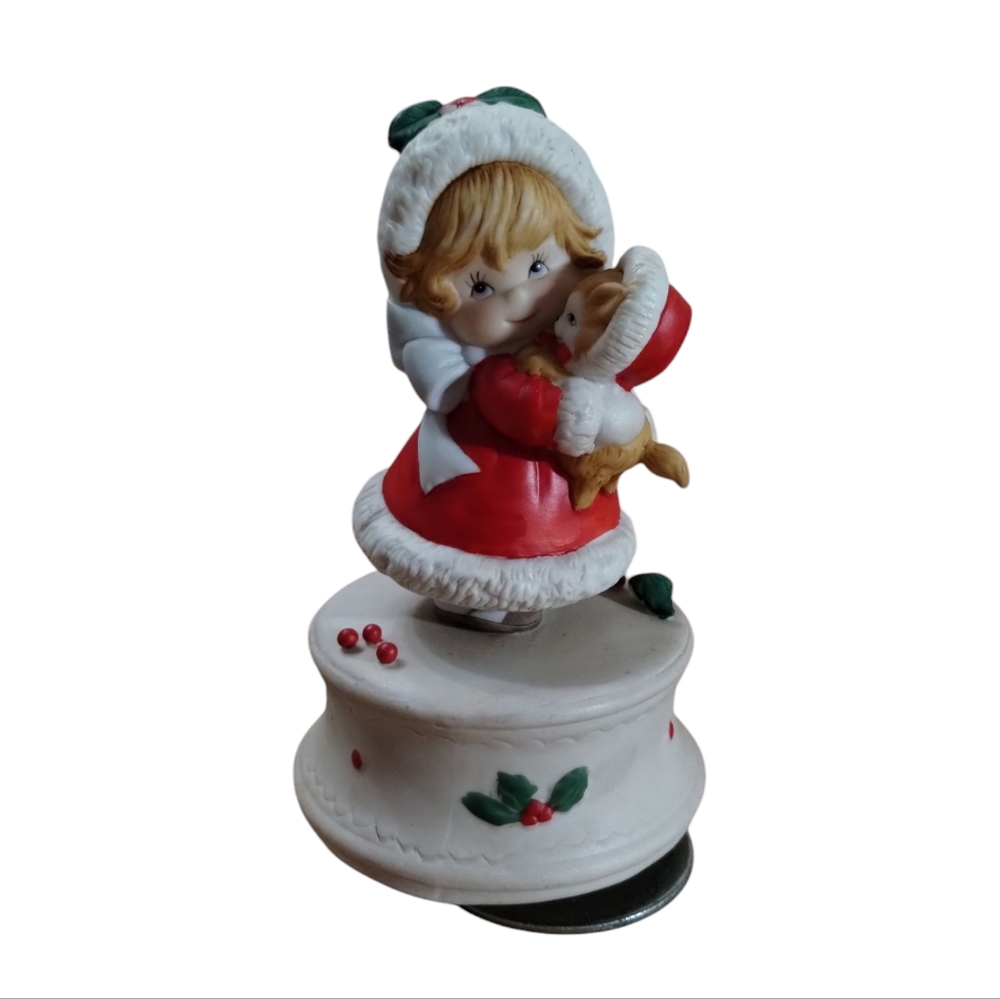 Gorham Porcelain Christmas Girl With Puppy Or Kitten Figurine Music Works Read